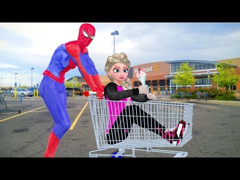 Spiderman Frozen Queen Elsa SpiderGirl Baby Hulk Shopping Cart Finger Family Nursery Rhymes