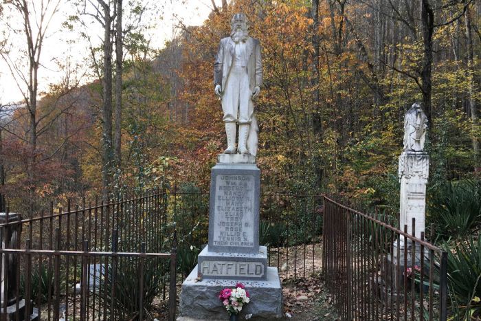 A headstone in the shape of William Anderson Hatfield in a graveyard in Logan County.