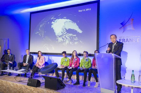 File - Secretary-General Ban Ki-moon (left, at podium) addresses the high-level side event on the Arctic entitled "Seeing is Believing", organized and hosted by the Government of Norway as part of the UN Climate Change Conference (COP21), in Paris, France.