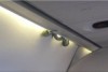 Snake coiled between the wall and the roof of the plane's cabin