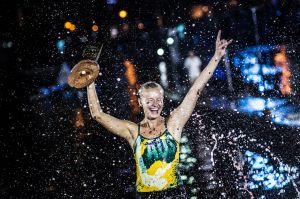 Rhiannan Iffland of Australia celebrates after winning the Red Bull Cliff Diving World Series in Dubai, UAE on October ...