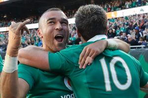 Stunning: Ireland celebrate after scoring against the All Blacks.