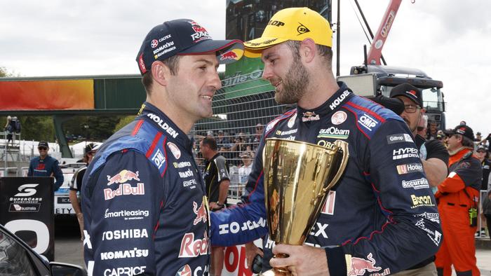 Supplied Unknown Supercars driver Jamie Whincup apologises to team mate Shane van Gisbergen after the two spun dur