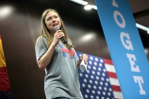 Chelsea Clinton speaking with supporters of her mother, former Secretary of State Hillary Clinton, at a campaign rally at the Memorial Union at Arizona State University in Tempe, Arizona