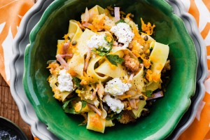 Pappardelle with pumpkin, bacon and torn bread