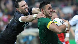 Valentine Holmes for the Kangaroos evades a tackle to score a try during the Test Match between the Australian Kangaroos and the New Zealand Kiwis at NIB Stadium in Perth, Saturday, Oct 15, 2016. (AAP Image/Richard Wainwright) NO ARCHIVING, EDITORIAL USE ONLY