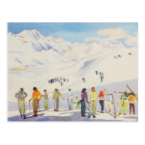 Vintager Wintersport, Skiers auf den Pistes Postkarte