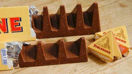 More valleys, fewer chocolate peaks: The old (rear) and new shape of Toblerone chocolate. 