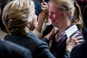 Democratic presidential candidate Hillary Clinton greets a supporter after speaking at the New Yorker Hotel in New York.