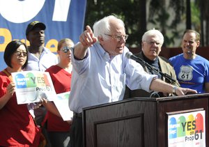 U.S. Senator Bernie Sanders appeared at a rally and march in Pershing Square in support of Proposition 61, a ballot measure to lower drug prices for state programs in California on Monday, Nov. 7, 2016 in Los Angeles.