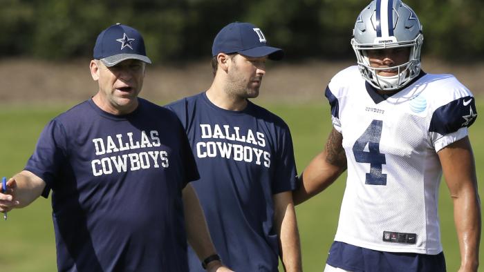 Dallas Cowboys offensive coordinator Scott Linehan, left, runs a drill as quarterbacks Tony Romo, center, and Dak Prescott look on.