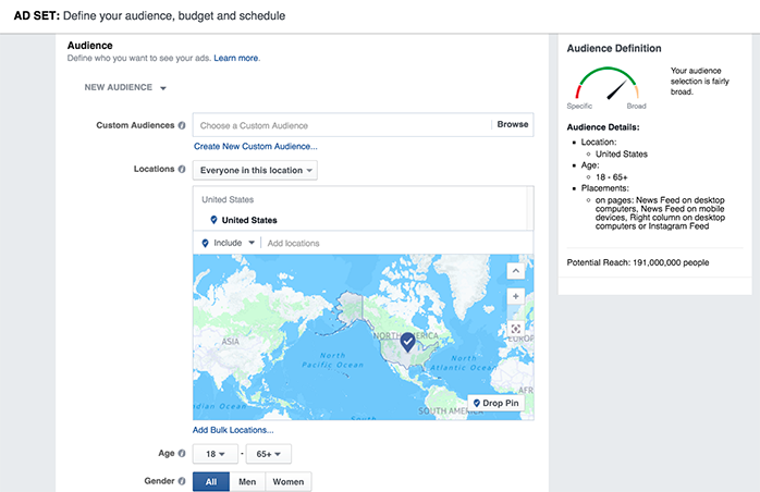 Шаг 2 по созданию видеорекламы на Facebook: в разделе «Группа объявлений» настройте аудиторию по местонахождению, возрасту, полу, интересам и другим характеристикам