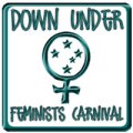 In blue on a white background, the DUFC logo: in a square with rounded corners, there is the female/feminine symbol; with the Southern Cross inside, above which it says 'Down Under' and below 'Feminists Carnival'.