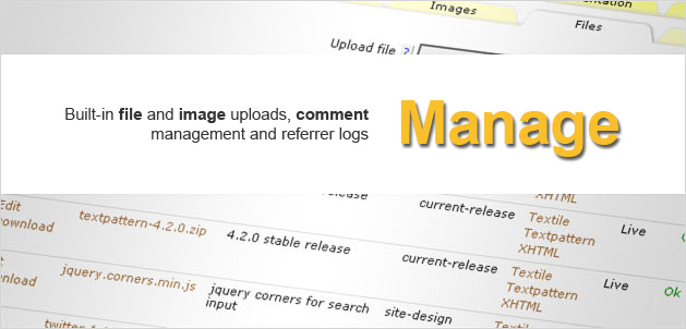 Manage: Built-in file and image uploads, comment management and referrer logs.