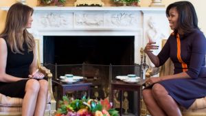 First Lady Michelle Obama meets with Melania Trump for tea in the Yellow Oval Room of the White House, November 10, 2016.