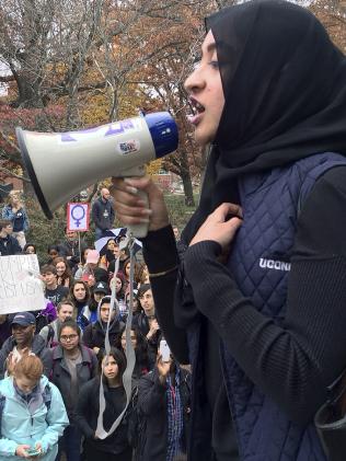 Muslim student Eeman Abbasi at a protest on the University of Connecticut campus against the election of Republican Donald Trump. Picture: AP/Pat Eaton-Robb