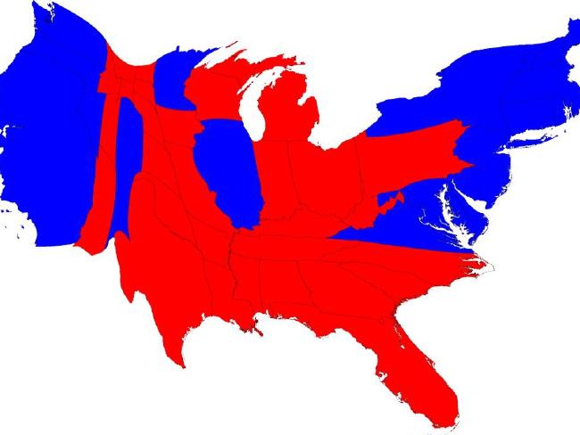 A cartogram of the 2016 election with red and blue states adjusted for population size. Picture: Mark Newman.