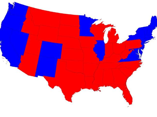 A typical map of the US election with Republican states in red and Democratic in blue. Picture: Mark Newman.