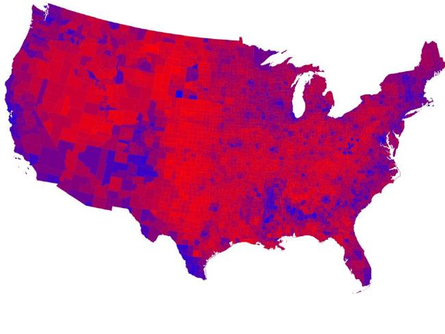 Shades of purple show where the vote is split between Republicans and Democrats. Picture: Mark Newman.