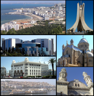 Clockwise: Buildings along the Mediterranean coast of Algiers, Martyrs Memorial, Notre Dame d'Afrique, Ketchaoua Mosque, Casbah, the Grand Post Office and the Ministry of Finance of Algeria