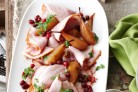 Maple, honey and spice-basted ham with glazed pears