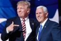 Donald Trump points toward Mike Pence after Pence's acceptance speech.