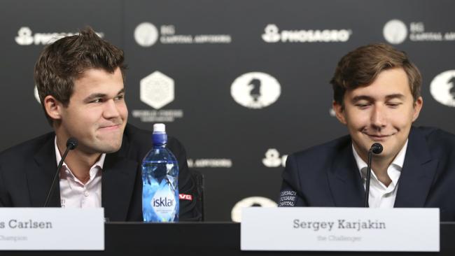Chess world champion Magnus Carlsen, of Norway, left, and his challenger, Sergey Karjakin, of Russia.