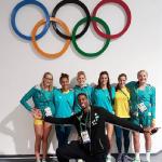 Swimmer Belinda Hocking with fellow athletes Madi Wilson, Kotuku Ngawati, Leah Neale, Blair Evans and Jessica Ashwood, &quot;When you're photo-bombed by a #basketballer #watchagonnado&quot; Picture: Instagram