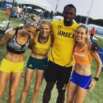 Runner Elzy Wellings with fellow athletes Genevieve Lacaze, Usain Bolt and Susan Kuijken, &quot;Giggling like school girls like...&quot; Picture: Instagram
