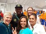 Volleyball players Mariafe Artacho del Solar, Taliqua Clancy and Nikki Laird with Usain Bolt, &quot;We snuck in a selfie before he bolted!&quot; Picture: Instagram