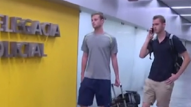 American athletes Gunnar Bentz and Jack Conger at Rio airport after being removed from their flight. Picture: Globo Esporte