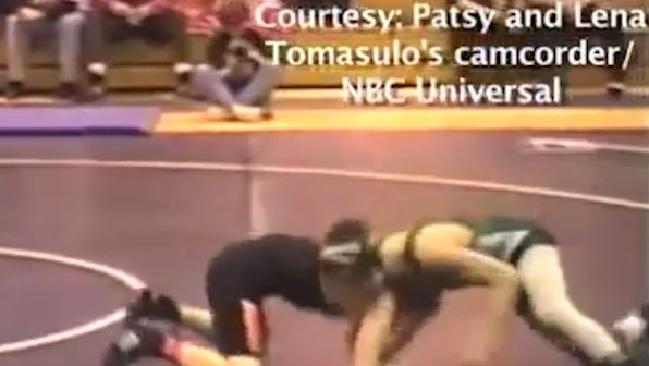 Tomasulo credited his parents, and NBC, for the footage of his high school wrestling match.