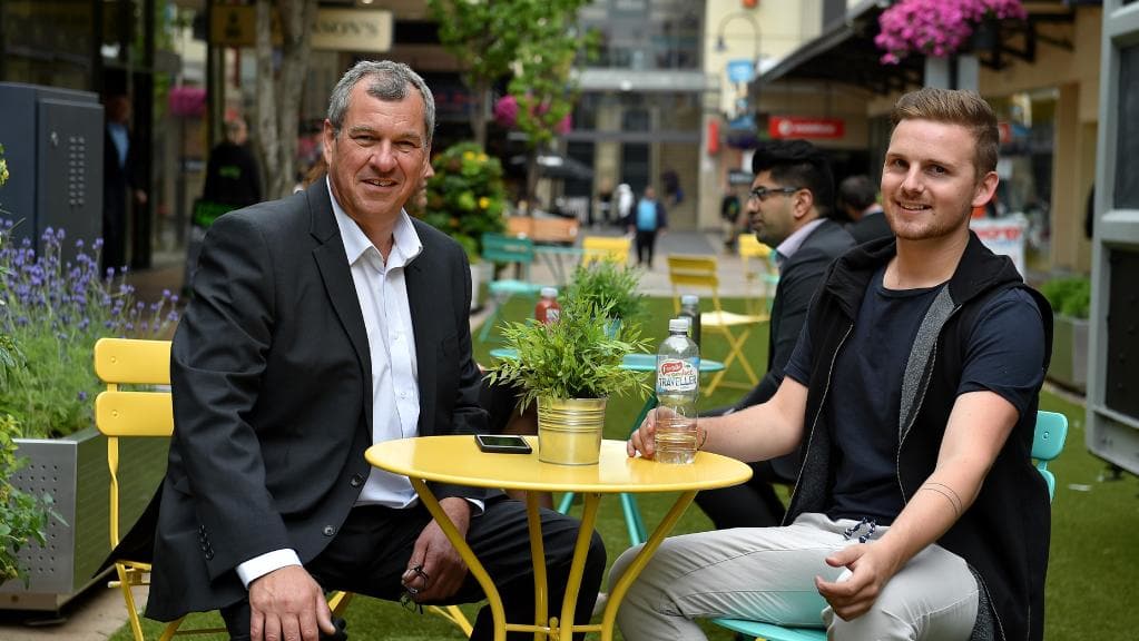 Frankston mayor Brian Cunial (left) and Jareth Richardson from Cargo Nutrition Bar enjoy the new surrounds in Station Street Mall. Picture: Andrew Batsch