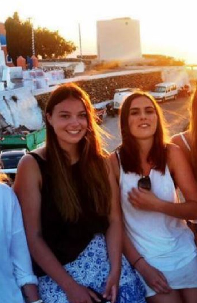 Georgina Bartter (right) and her friend Bec Hannibal (left) on holidays in Greece months before the pair took ecstasy at a festival and Ms Bartter died.