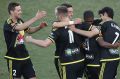 Roy Krishna of the Phoenix celebrates with his team after scoring a goal.