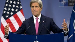 U.S. Secretary of State John Kerry speaks during a media conference at NATO headquarters in Brussels on Thursday, May ...