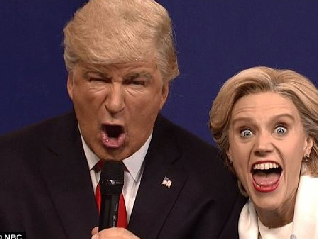 Kate McKinnon and Alec Baldwin as Hillary Clinton and Donald Trump before Baldwin vowed he will never play the character again.