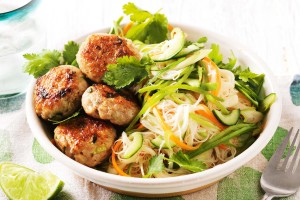 Chicken patties with noodle salad