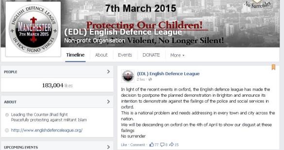 Screenshot showing the EDL's announcement on their facebook page.