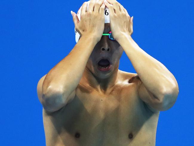 Sun Yang just before the 200m final on day 2 of the Rio Olympics. He won silver after Australia’s Mack Horton beat him.
