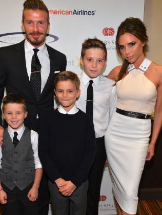 David Beckham, wife Victoria Beckham and sons (L-R) Cruz, Romeo and Brooklyn Beckham in 2012. Picture: Getty