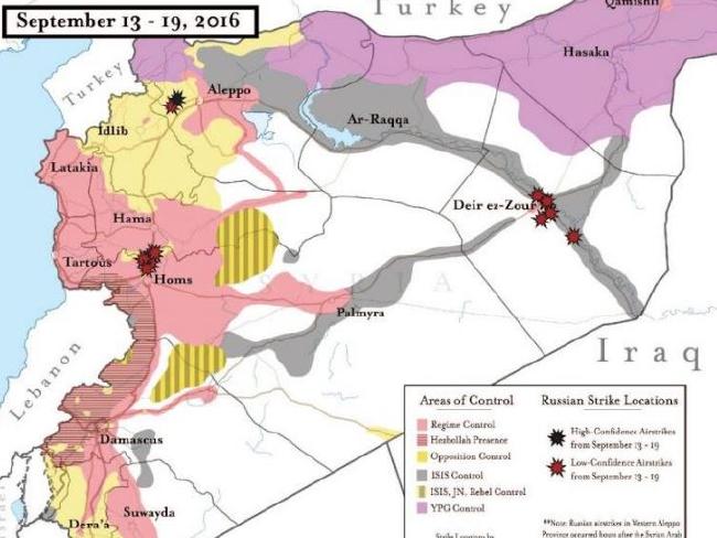 This map shows some strikes in IS territory. Picture: Institute for the Study of War