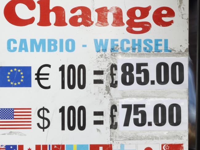 An unwelcome site for British travellers as the pound sinks to less than one euro. Picture: AP Photo/Frank Augstein