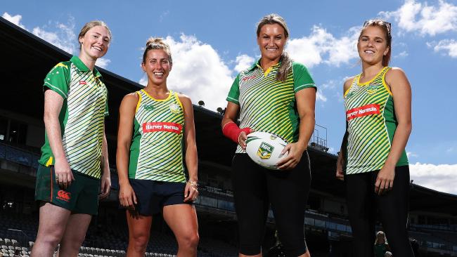 Jillaroos Maddie Studdon, Sammy Bremner, Ruan Sims and Caitlin Moran during an NRL Juniors clinic.