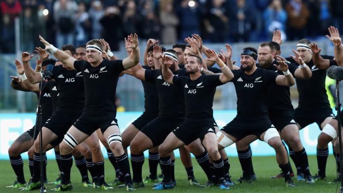 Tawera Kerr-Barlow led the All Blacks in the haka at Stadio Olimpico, Rome.