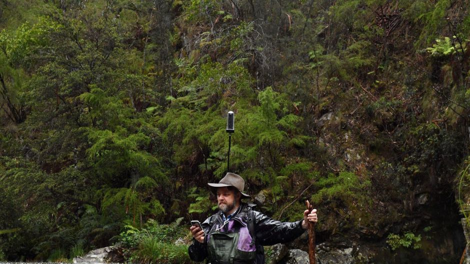 Christian Taylor at the Yarra River at McMahons creek, East of Warburton. Christian is taking 360 degree pictures of the ...