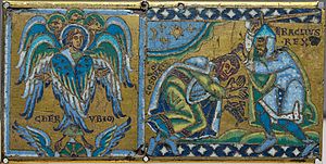 Medieval style portrait of Cherub and Heraclius receiving the submission of Khosrau II; plaque from a cross (Champlevé enamel over gilt copper)