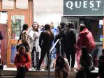 People evacuated from the Quest Hotel on the The Terrace, Wellington after the earthquake based around Cheviot in the South island jolted the capital. Picture: AAP