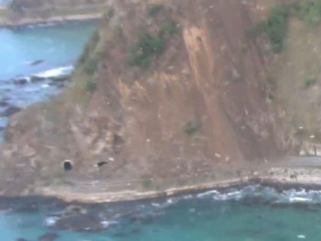 A major slip has blocked the highway near Kaikoura, where a tsunami was also recorded. Picture: Garden City/Westpac helicopters