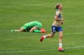 Low blow: Victory's goalkeeper Bianca Henninger dejected as the Jets' Emma Stanbury retires up field after scoring.